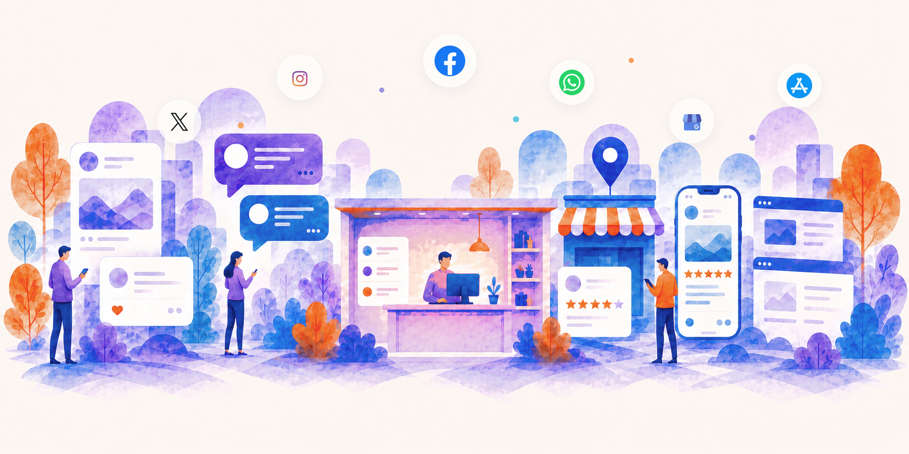 Illustration of people managing X, Instagram, Facebook, WhatsApp, Google Business Profile, and App Store conversations from a connected storefront