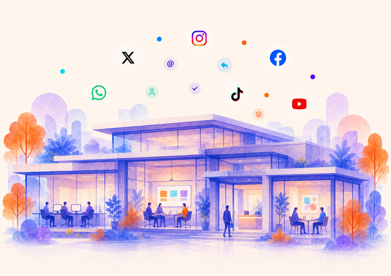 Illustration of shared agency office pods with client-facing teams, surrounded by social and messaging channel icons