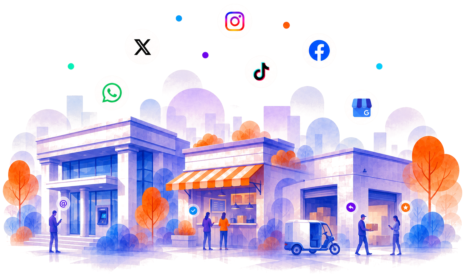 Illustration of a bank branch, retail storefront, and delivery courier surrounded by social and messaging channel icons