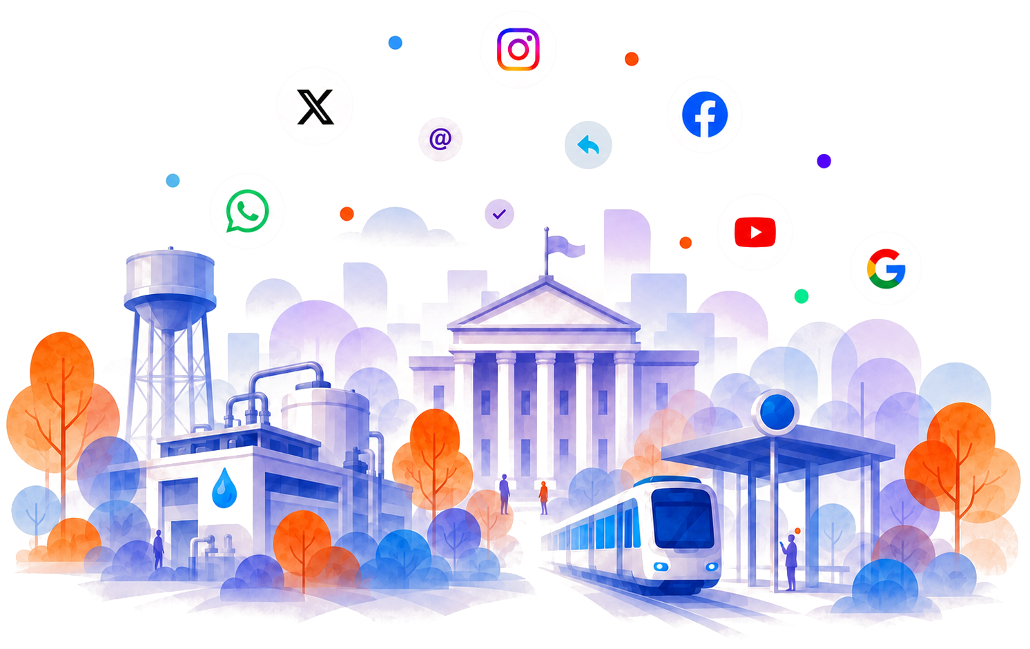 Illustration of a city civic building, water utility plant, and transit stop surrounded by social and messaging channel icons